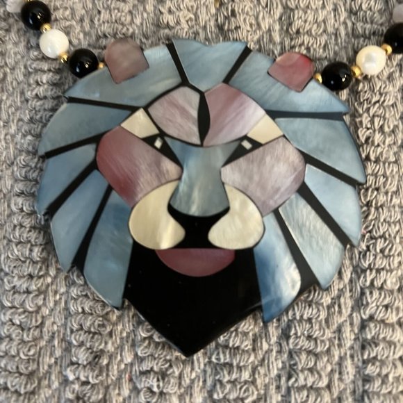 Vintage Lee Sands Lion Mother of Pearl Earrings & Necklace Set